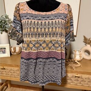 Lucky Brand Multicolor Bohemian Flutter Sleeve Mixed Print Top Size L